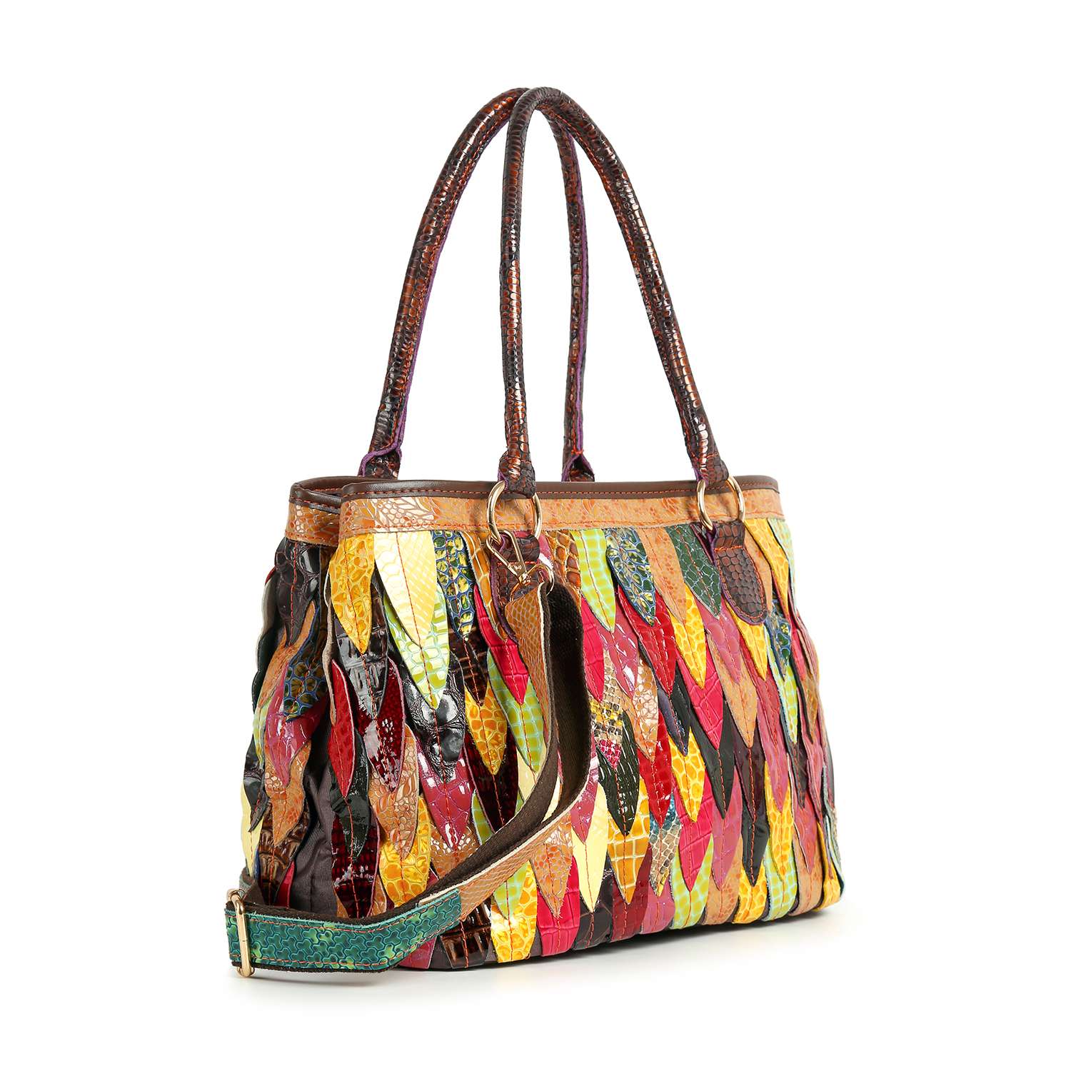 The Genuine Leather Colorful Petal Large Tote Bag features a textured, petal-shaped patchwork in vibrant red, yellow, green, and black with two handles and a detachable shoulder strap for versatile carrying.