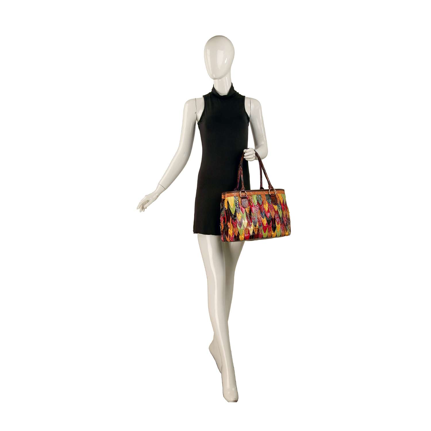 A mannequin in a sleeveless black dress holds the Genuine Leather Colorful Petal Large Tote Bag against a plain white background.