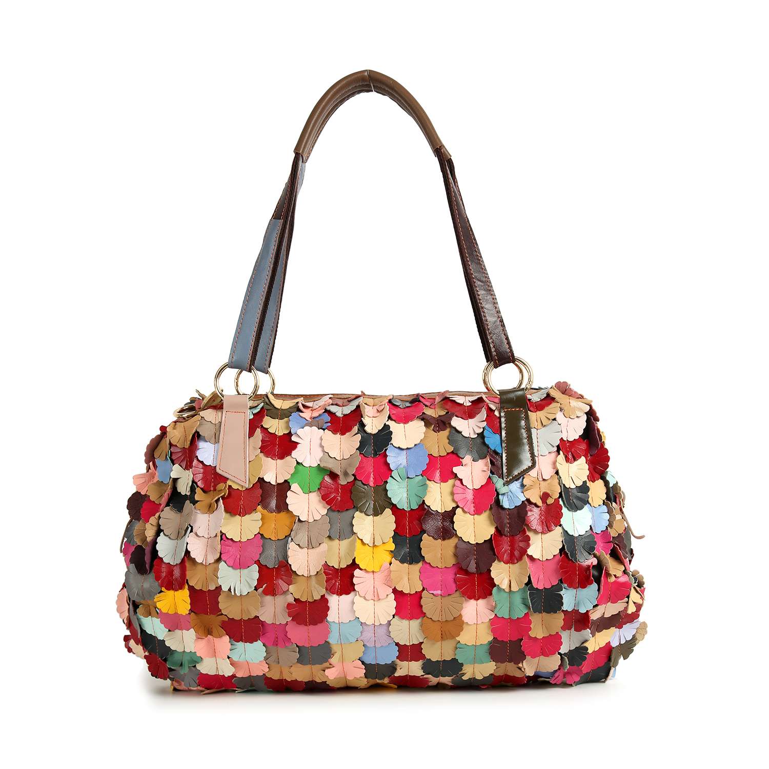 The Genuine Leather Colorful Petal Weekender Bag is a large tote with two brown handles and features overlapping, multicolored leather in a vibrant patchwork petal design in red, blue, pink, yellow, and green.