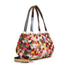 The Genuine Leather Colorful Petal Weekender Bag features a medium-sized design with double brown handles, a detachable strap, and vibrant multicolored leather leaf-shaped accents for a bold, textured look.