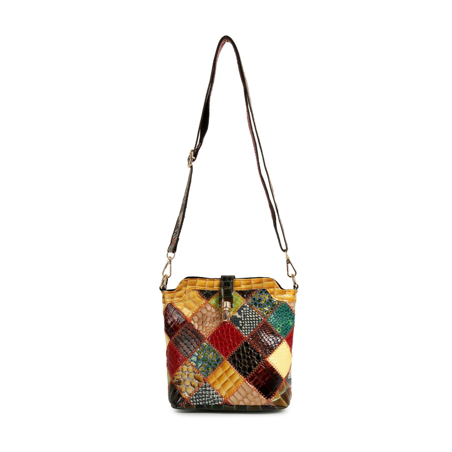 The Genuine Leather Patchwork Top Flap Crossbody Bag features a long adjustable strap and a vibrant diamond pattern in yellow, red, green, blue, and brown tones.