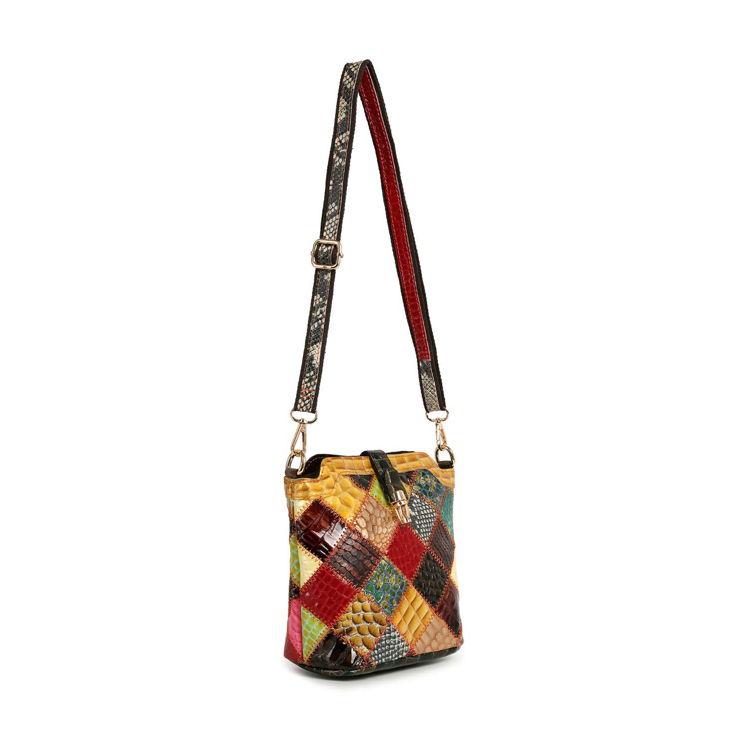 The Genuine Leather Patchwork Top Flap Crossbody Bag features multi-color leather, a long adjustable strap, and gold-tone hardware for versatile, stylish wear.