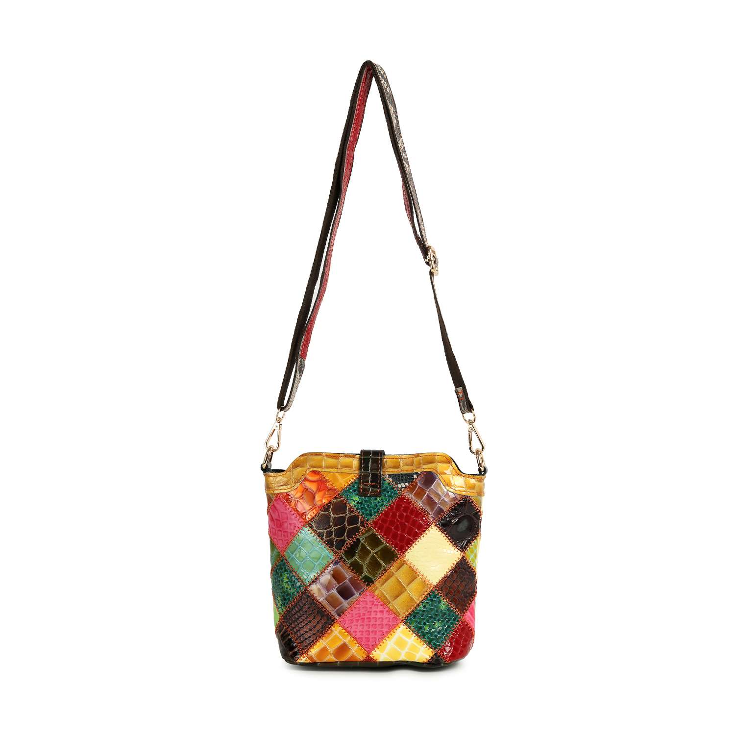 The Genuine Leather Patchwork Top Flap Crossbody Bag features colorful diamond-shaped pieces in red, yellow, green, brown, and black, and comes with a long adjustable strap for versatile wear.