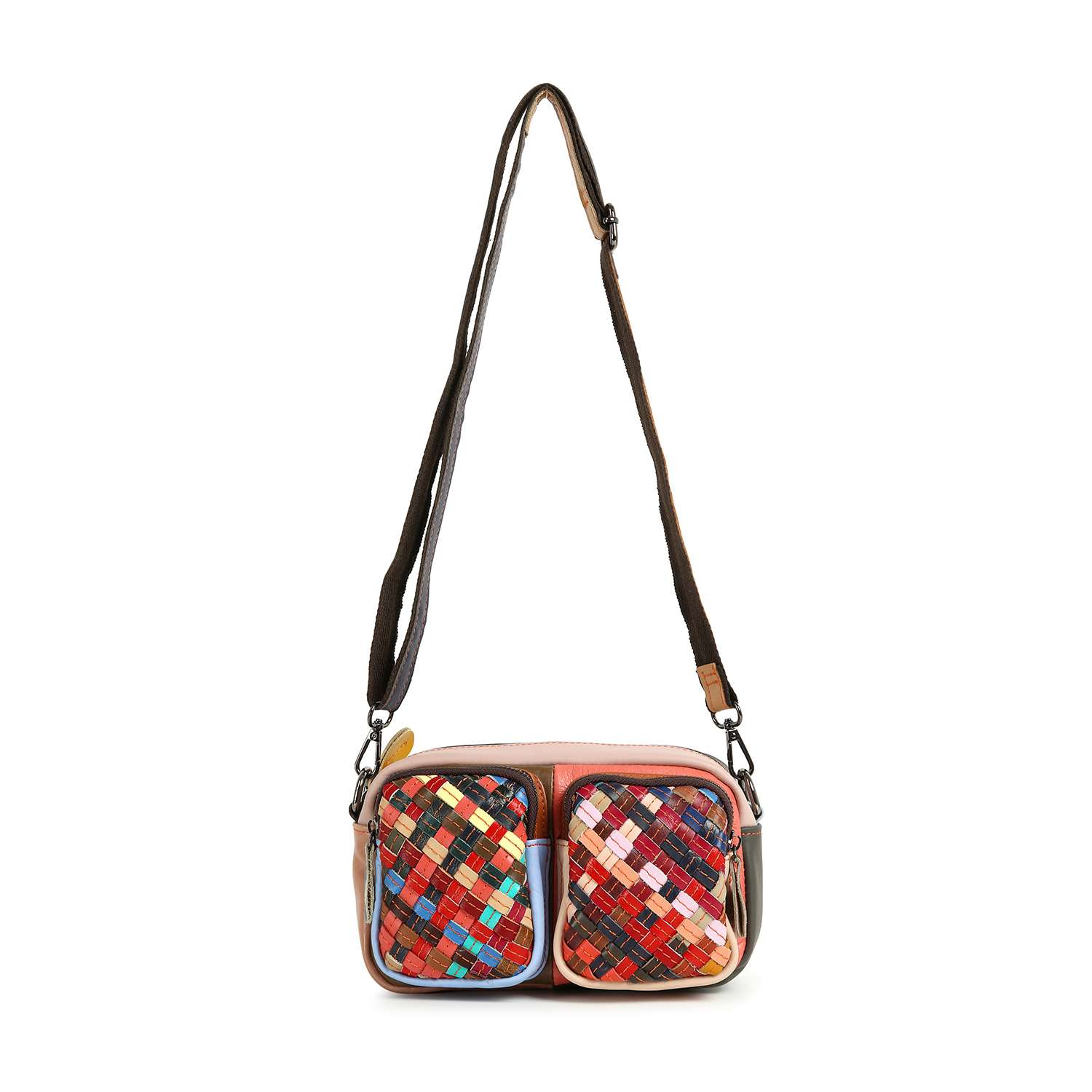 The Genuine Leather Woven Front Pocket Crossbody Sling features a light pink body with brown and green accents, an adjustable brown strap, two front pockets, and a vibrant multicolored woven patchwork design.