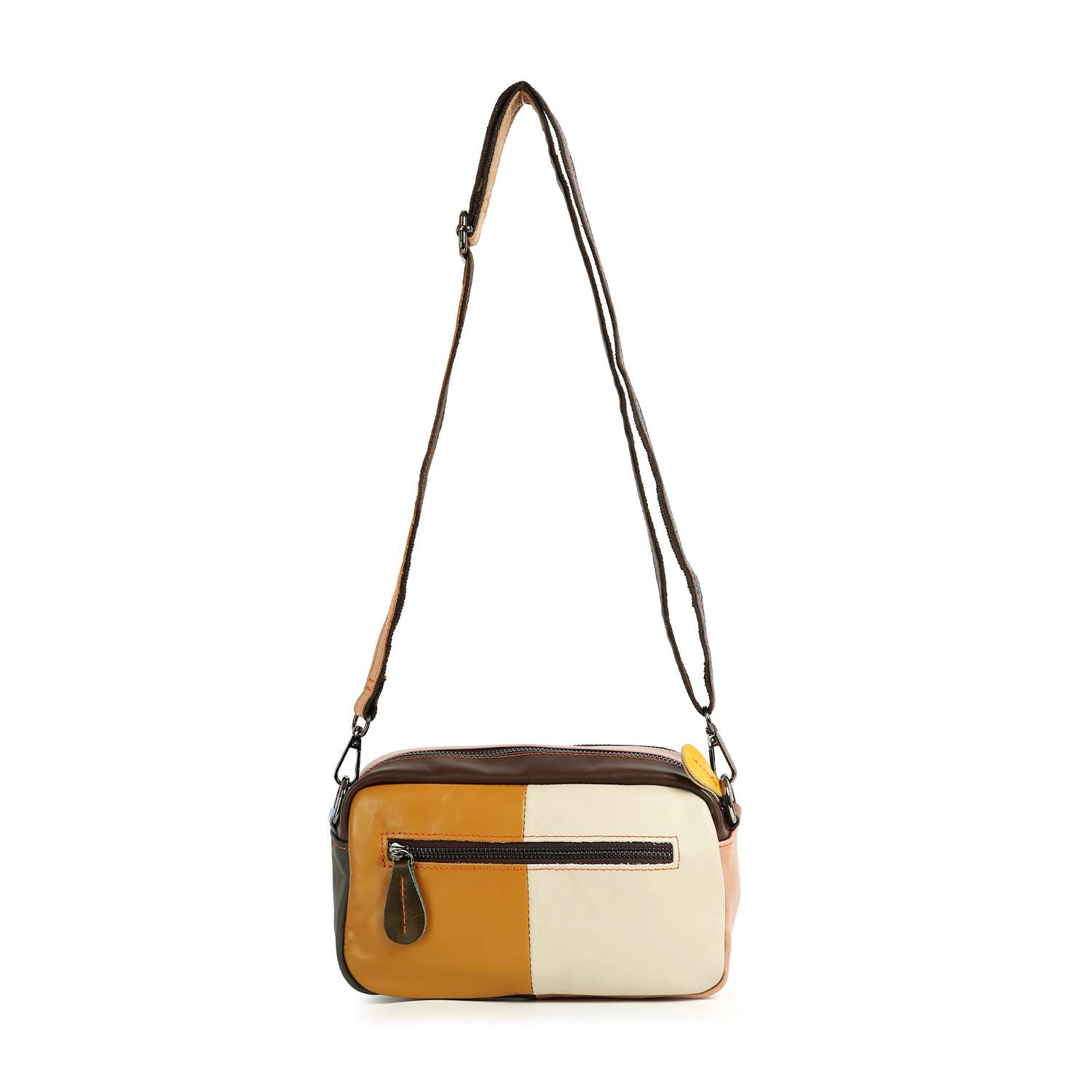 The Genuine Leather Woven Front Pocket Crossbody Sling features color-blocked tan, white, and mustard panels, a long brown adjustable strap, and a front zippered pocket for convenient multi-pocket storage.