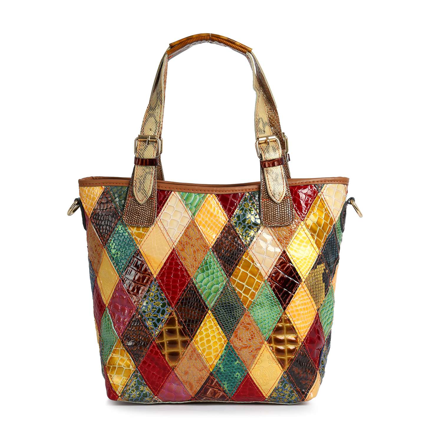 The Genuine Leather Tall Patchwork Tote is an oversized, handcrafted bag with two handles and shiny, textured diamond-shaped panels in red, yellow, green, brown, and blue.