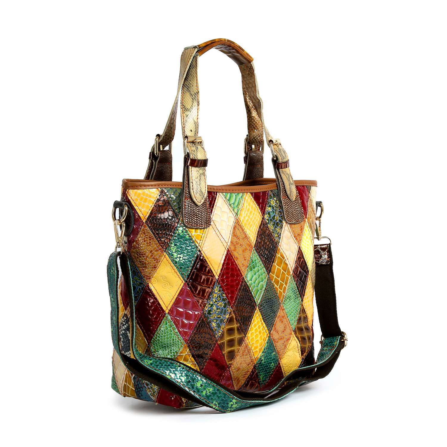The Genuine Leather Tall Patchwork Tote is a colorful oversized bag handcrafted from diamond-shaped leather pieces in red, yellow, green, and brown. It has two handles plus a detachable shoulder strap for versatile carrying.