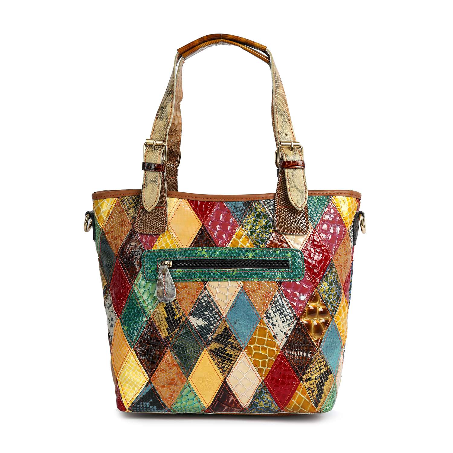 The Genuine Leather Tall Patchwork Tote features diamond-shaped leather pieces in multiple colors and textures, two beige buckled handles, and a zippered front pocket.