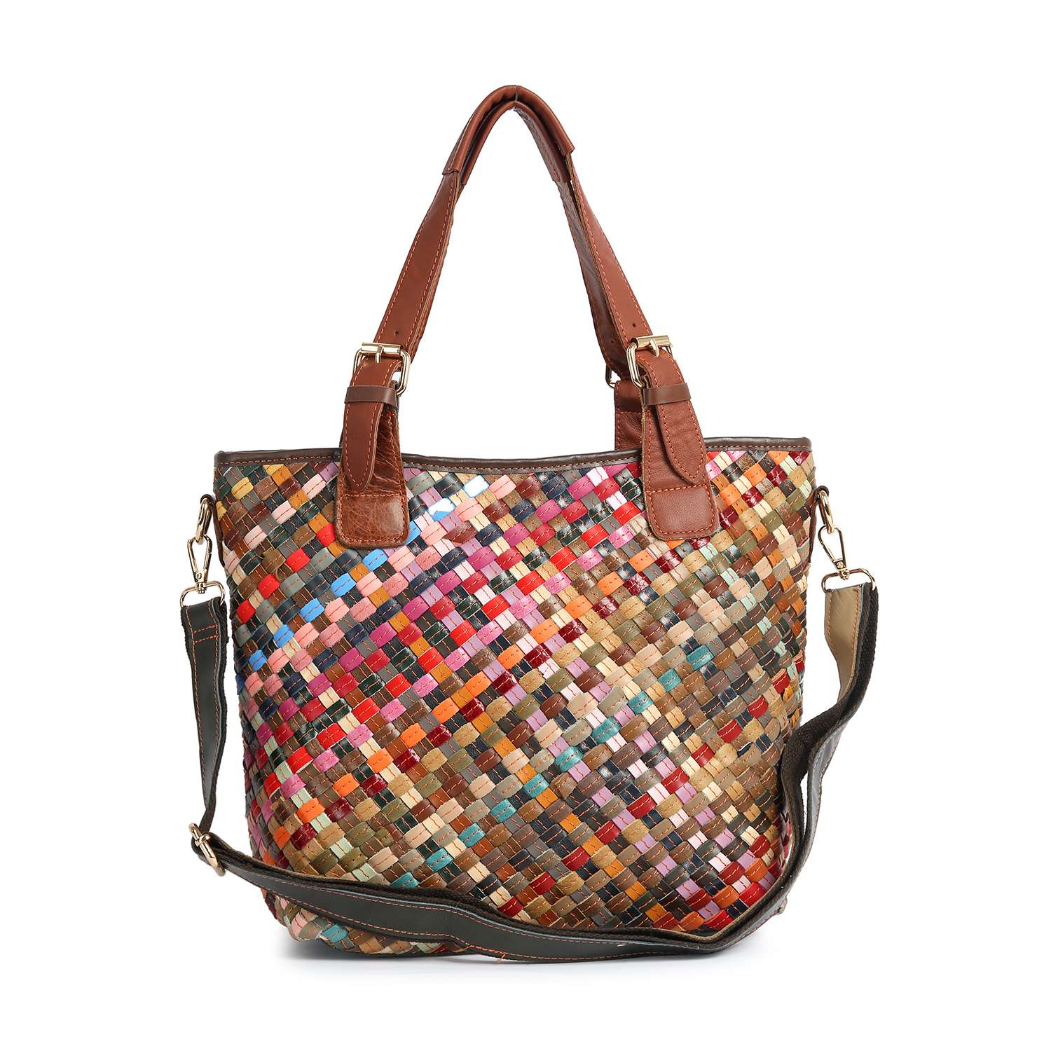 The Genuine Leather Woven Colorful Tote features brown leather handles, a detachable shoulder strap, and a vibrant patchwork design in red, pink, blue, tan, and black squares.