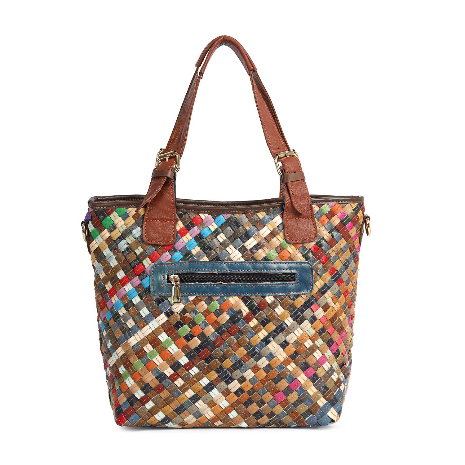 The Genuine Leather Woven Colorful Tote is a handcrafted multicolored purse with brown leather handles and trim, plus a front zippered pocket with a blue accent.