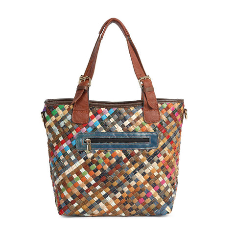 The Genuine Leather Woven Colorful Tote is a handcrafted multicolored purse with brown leather handles and trim, plus a front zippered pocket with a blue accent.