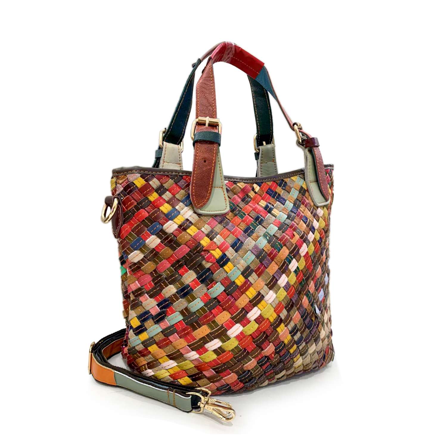 The Genuine Leather Woven Colorful Tote is a handcrafted leather purse with two small handles, a detachable shoulder strap, and a vibrant red, yellow, green, and brown patchwork pattern.