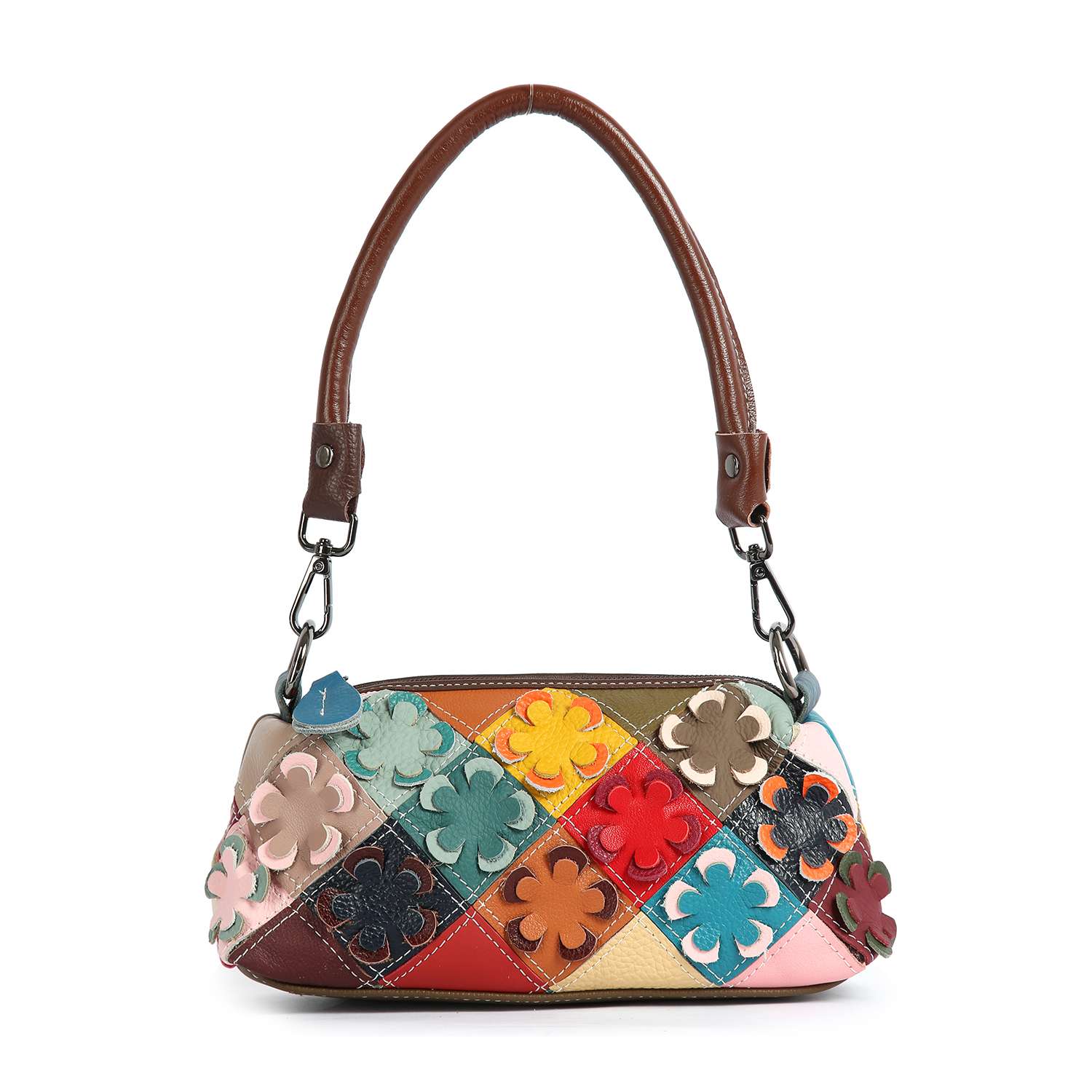 The Genuine Leather Petite Colorful Floral Design Bag features a brown handle, vibrant patchwork of diamond shapes, and decorative raised flowers.