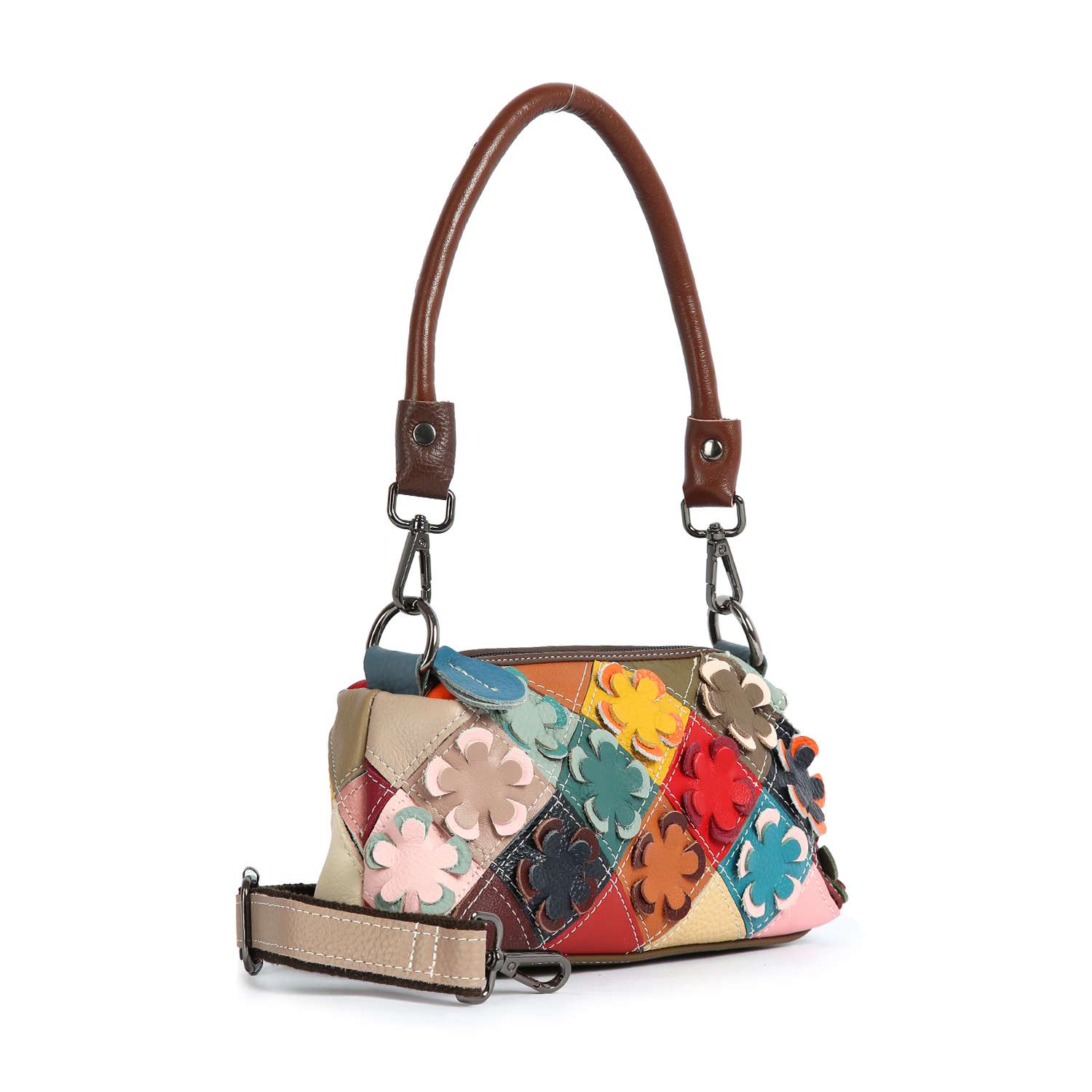 The Genuine Leather Petite Colorful Floral Design Bag features a brown handle, detachable beige strap, and vibrant patchwork with raised floral decorations in pink, red, orange, blue, and yellow.