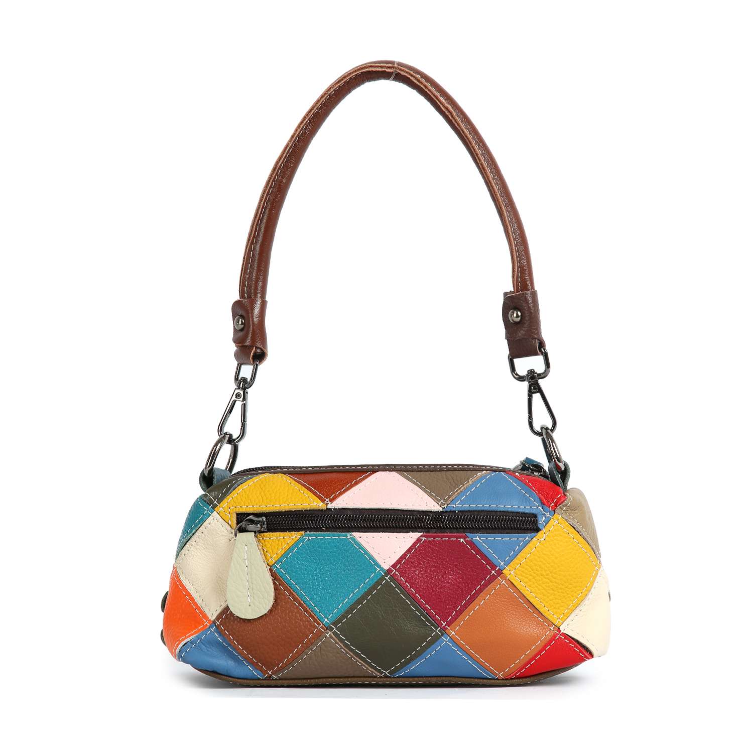 The Genuine Leather Petite Colorful Floral Design Bag features brown handles, a patchwork of colorful geometric leather pieces, a zippered front pocket, and decorative raised flowers for extra charm.