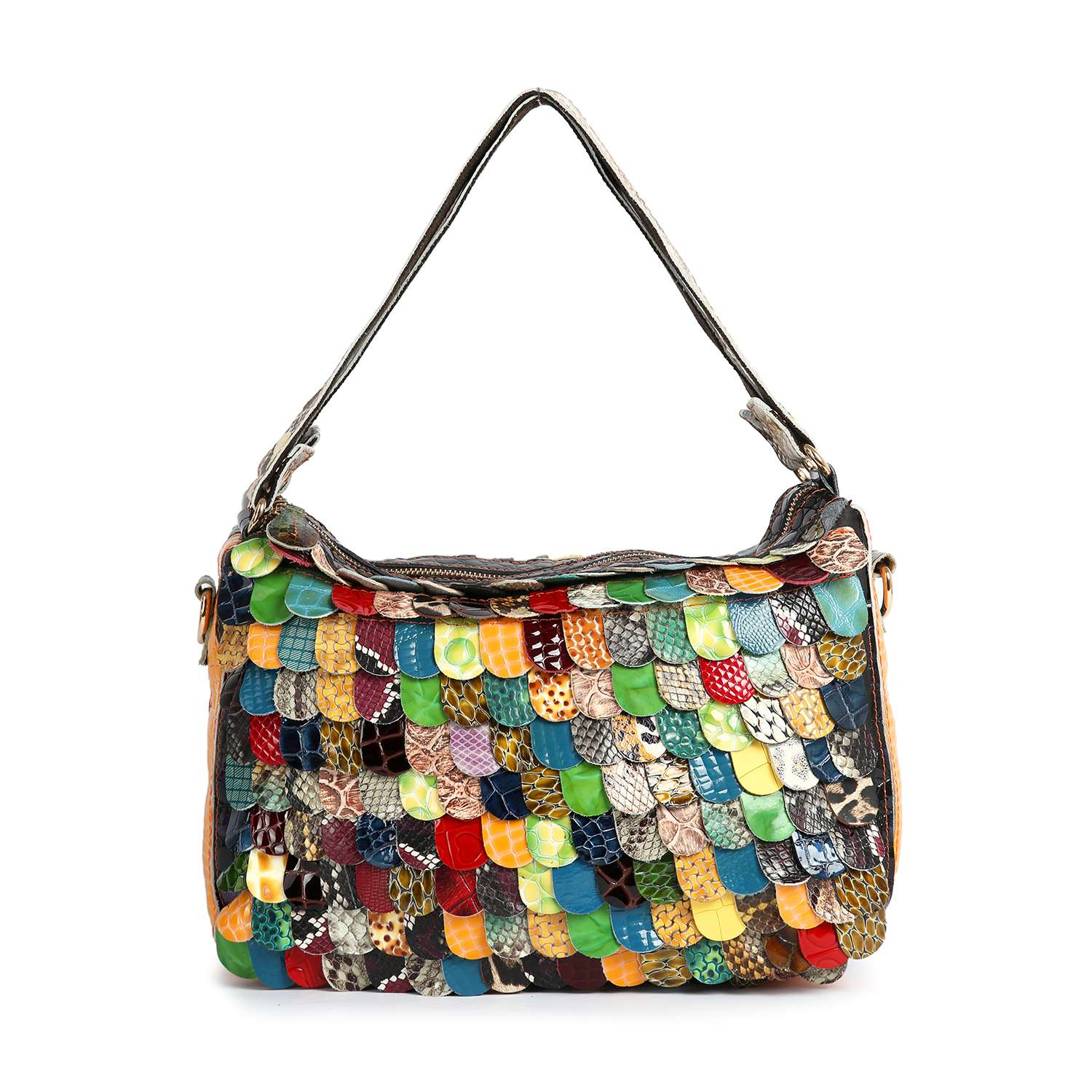 The Genuine Leather Patchwork Petal Design Hobo Handbag boasts a roomy, single-strap design with overlapping textured scales in green, red, yellow, blue, orange, and silver for a striking and colorful look.