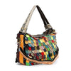 The Genuine Leather Patchwork Petal Design Hobo Handbag features shiny, multicolored overlapping scales, textured materials, and two straps for shoulder or crossbody wear.