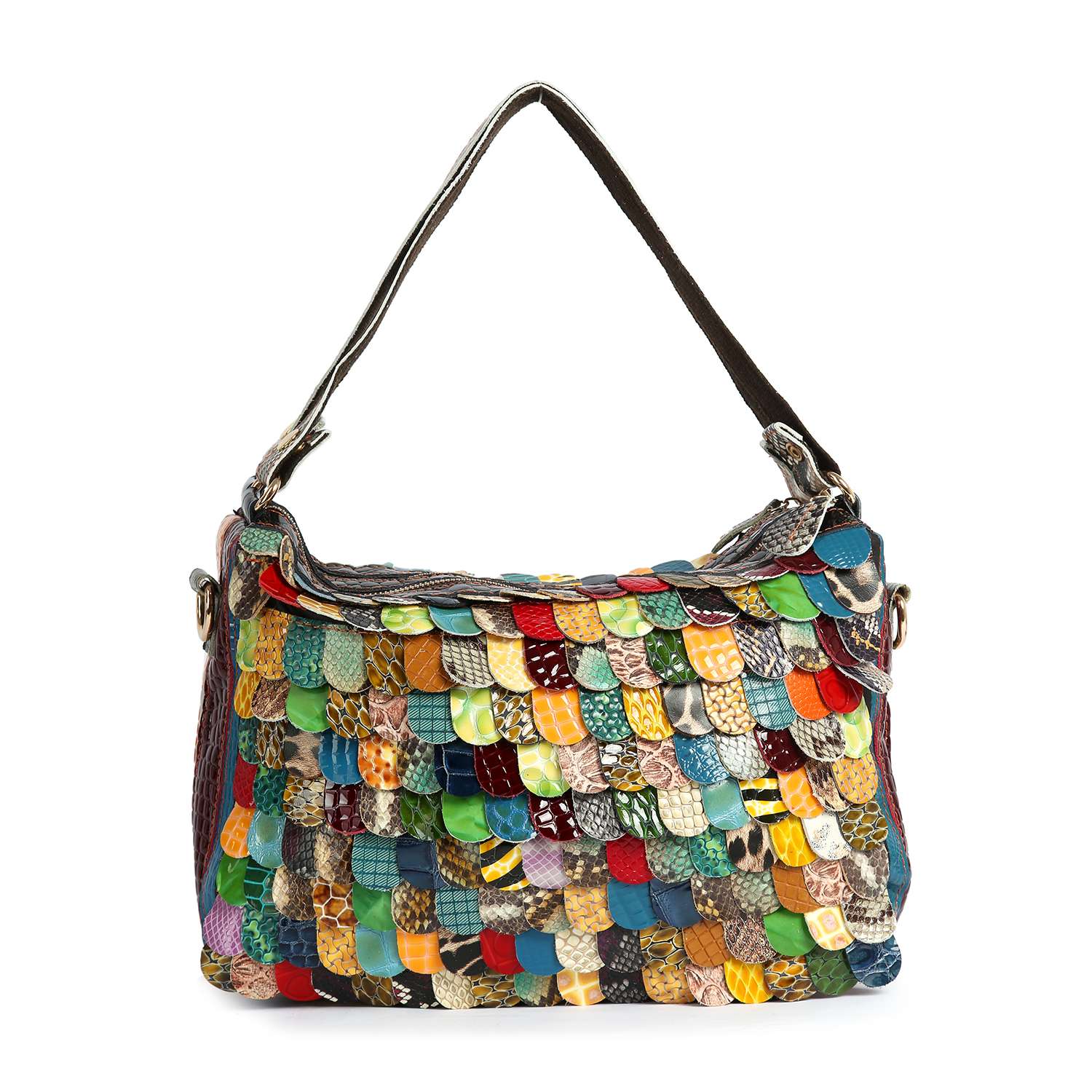 The Genuine Leather Patchwork Petal Design Hobo Handbag features a short handle and colorful, overlapping patches in various textures and patterns, creating a unique petal-inspired look.
