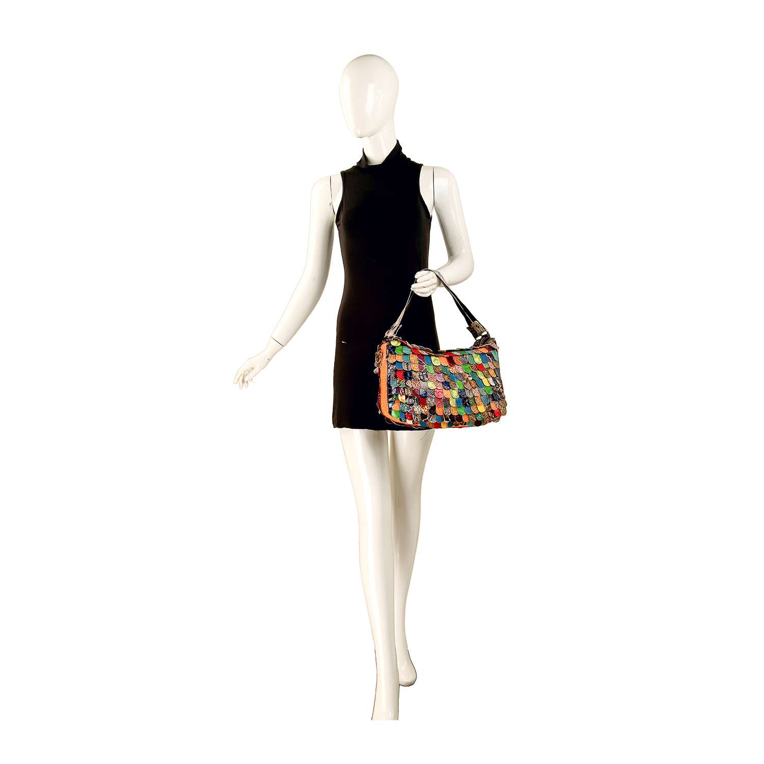 A mannequin in a sleeveless black dress holds the Genuine Leather Patchwork Petal Design Hobo Handbag with brown straps, standing against a white background.
