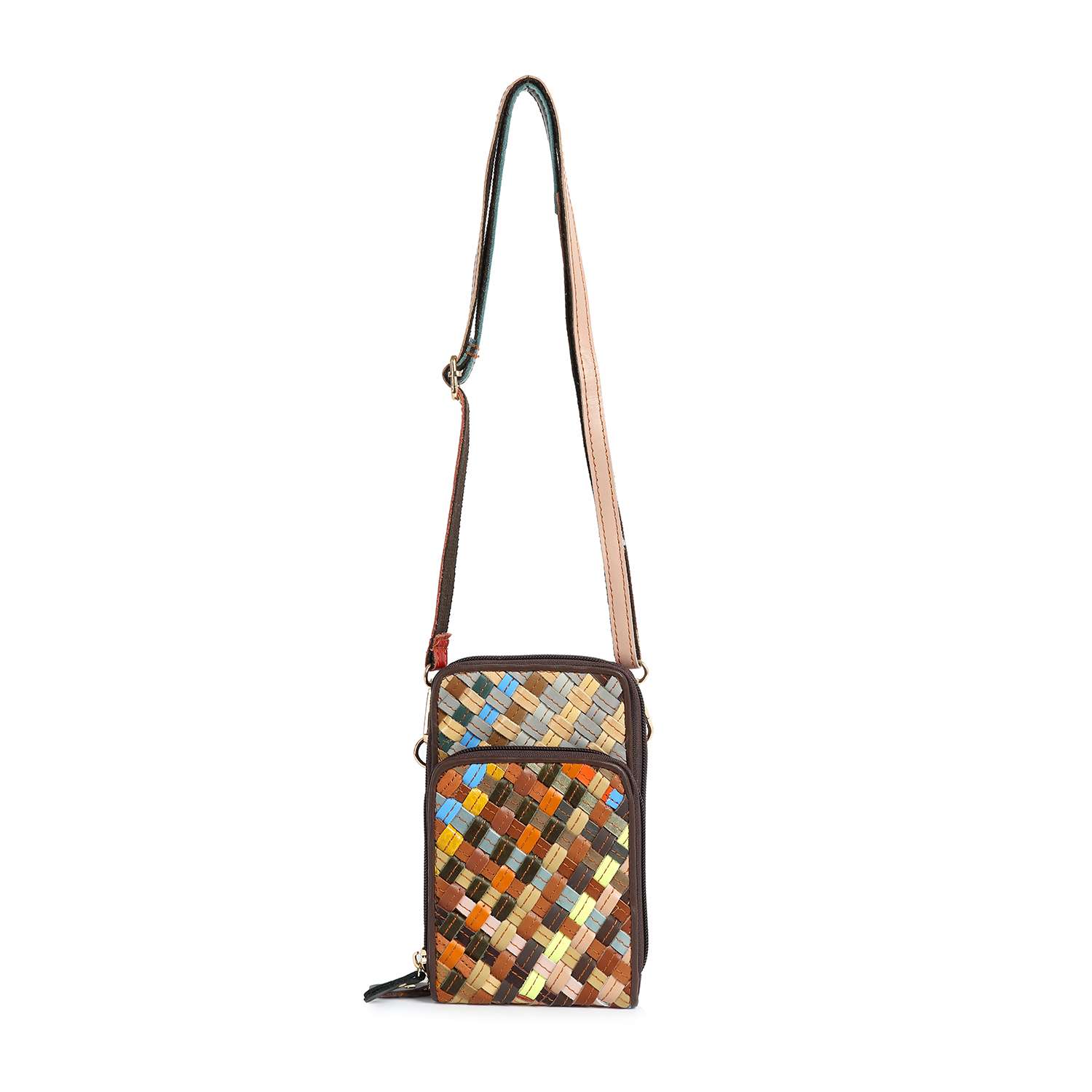 The Genuine Leather Woven Front Pocket Crossbody is a petite bag with an adjustable strap and a colorful woven front in brown, yellow, blue, and orange.
