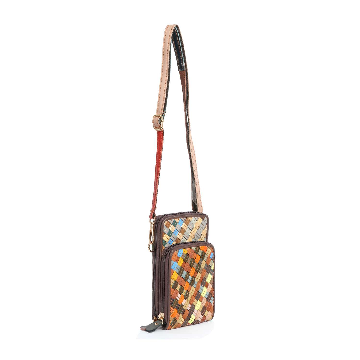 The Genuine Leather Woven Front Pocket Crossbody is a petite bag with an adjustable strap and a colorful woven pattern in brown, yellow, blue, and orange on a white background.
