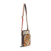 The Genuine Leather Woven Front Pocket Crossbody is a petite bag with an adjustable strap and a colorful woven pattern in brown, yellow, blue, and orange on a white background.