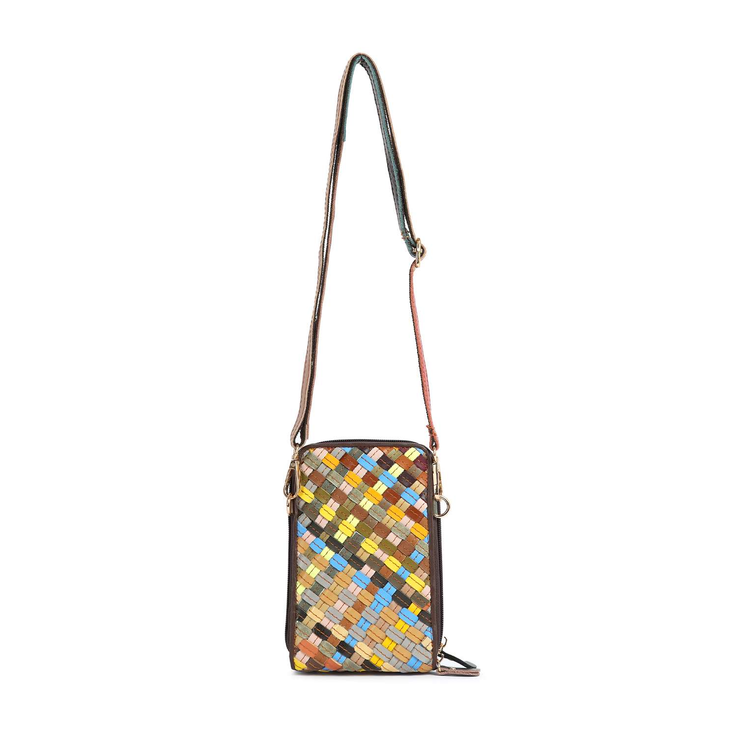 The Genuine Leather Woven Front Pocket Crossbody features an adjustable strap and a colorful woven pattern of blue, yellow, brown, and green squares on the front. Shown against a white background.