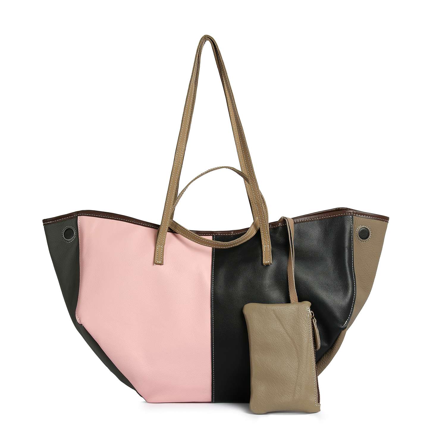 The Genuine Leather Color Block Large Shoulder Bag features pink, black, and taupe panels, taupe handles, an attached small taupe pouch, two handle lengths for versatility, and a spacious design.