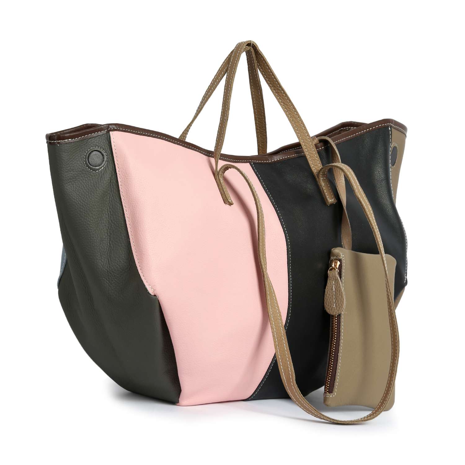 The Genuine Leather Color Block Large Shoulder Bag features black, pink, and taupe panels, tan handles, a matching zippered pouch, a slouchy silhouette, and an open top—ideal for everyday use.