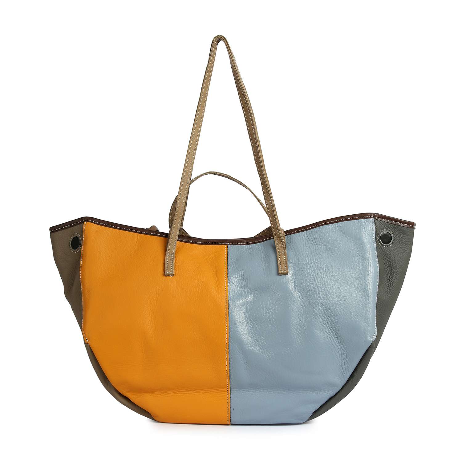The Genuine Leather Color Block Large Shoulder Bag features mustard yellow, light blue, and olive green panels with brown trim, double handles, and a relaxed slouchy shape—your perfect everyday tote.