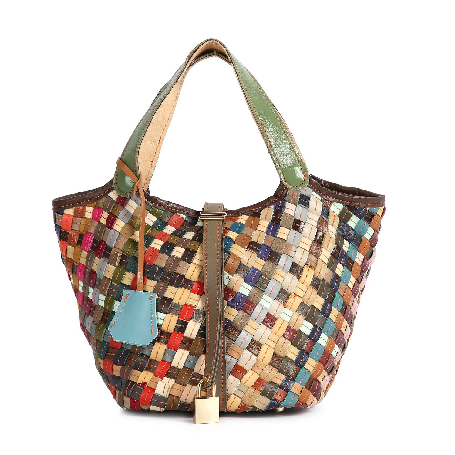 The Genuine Leather Colorful Woven Tote features green handles, a vertical brown strap with a gold lock, a blue tag, and multicolored strips in red, blue, yellow, and tan for an eye-catching handcrafted look.