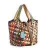 The Genuine Leather Colorful Woven Tote features a patchwork design, green handles, brown trim, and a gold zipper pull. Handcrafted and upright on a white background, it includes a blue tag hanging from one handle.