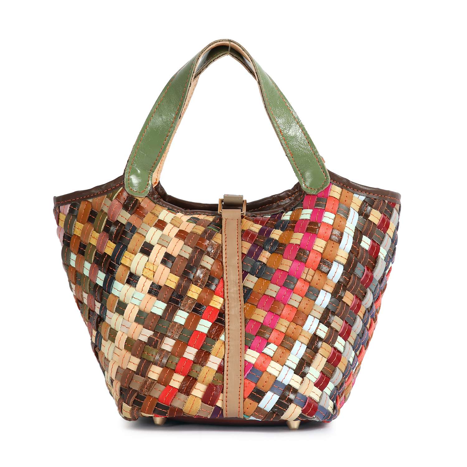 The Genuine Leather Colorful Woven Tote features short green handles, a vibrant pattern of brown, red, yellow, blue, and pink leather strips, and a handcrafted design with a central tan buckle closure for added style.