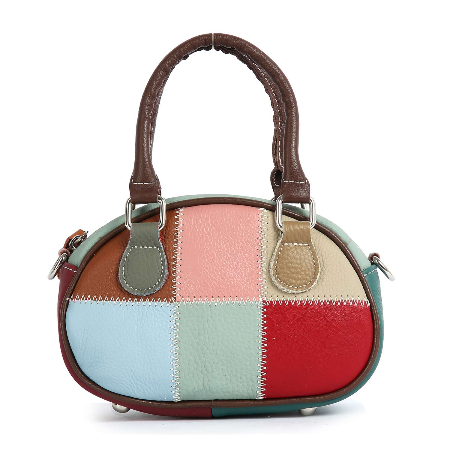 The Genuine Leather Color Block Hand Tote features a rounded shape, brown handles, and a patchwork design with red, blue, pink, beige, green, and brown leather squares with white stitching—ideal for stylish outings.