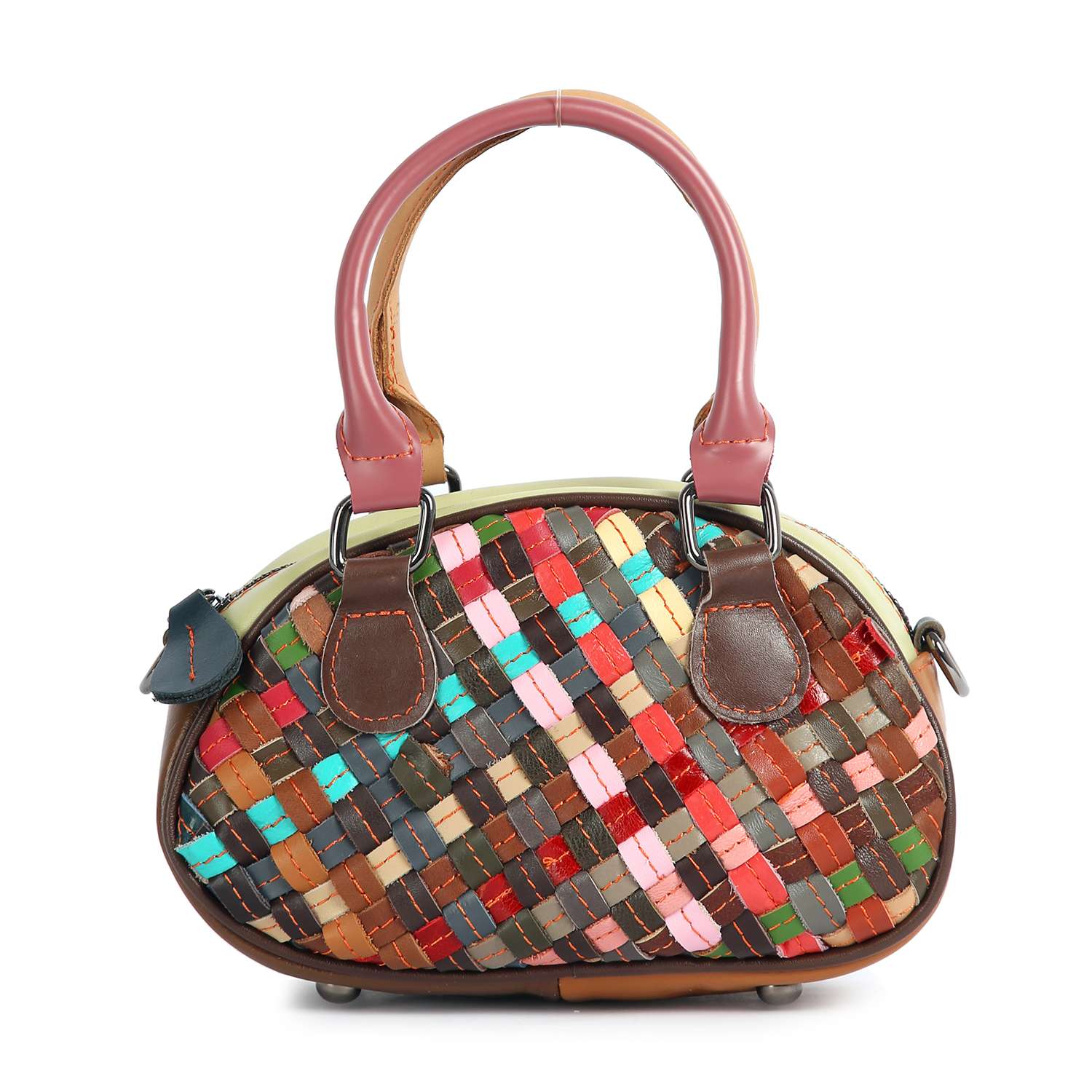 The Genuine Leather Woven Petite Hand Tote features two handles, a vibrant woven leather pattern in brown, red, blue, and green, plus brown leather accents and a decorative tag on the handle.