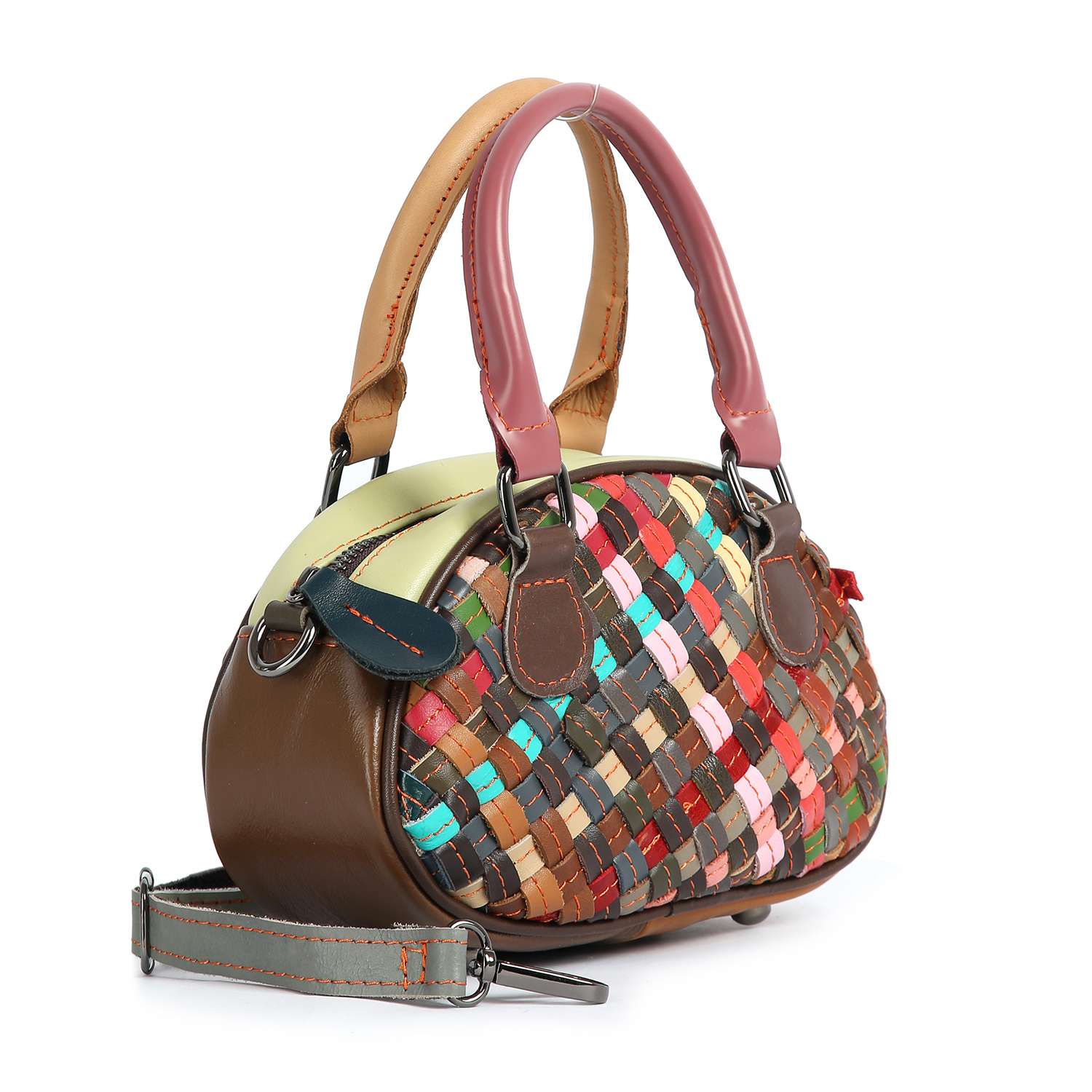 The Genuine Leather Woven Petite Hand Tote features a rounded silhouette, colorful leather strips on the front, brown leather sides and base, two top handles (one tan, one pink), and a detachable shoulder strap for versatile carrying.