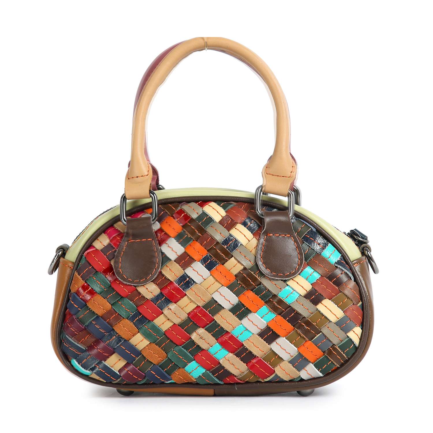 The Genuine Leather Woven Petite Hand Tote features curved handles, a vibrant woven design in brown, red, orange, blue, and teal shades, and is finished with dark brown genuine leather accents.