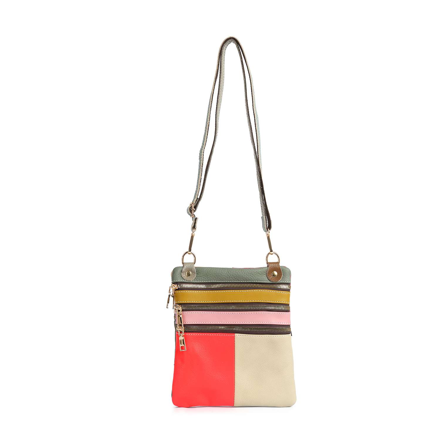 The Genuine Leather Color Block Crossbody features a long strap, horizontal zippered sections in green, yellow, pink, and brown, and a color block design with red, beige, and light gray at the bottom.