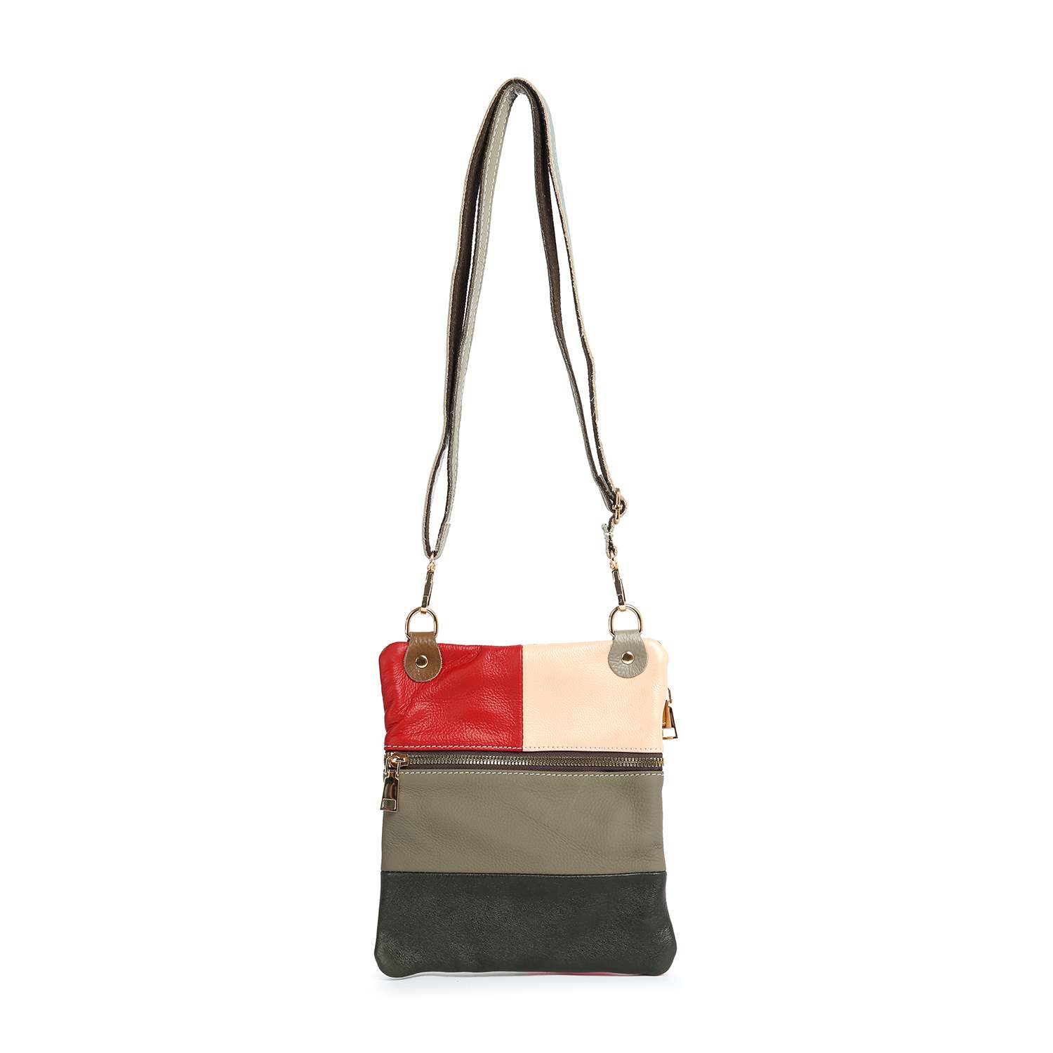 The Genuine Leather Color Block Crossbody features a patchwork design in red, cream, olive green, and dark gray squares, a front zipper pocket, and an adjustable shoulder strap for easy wear.