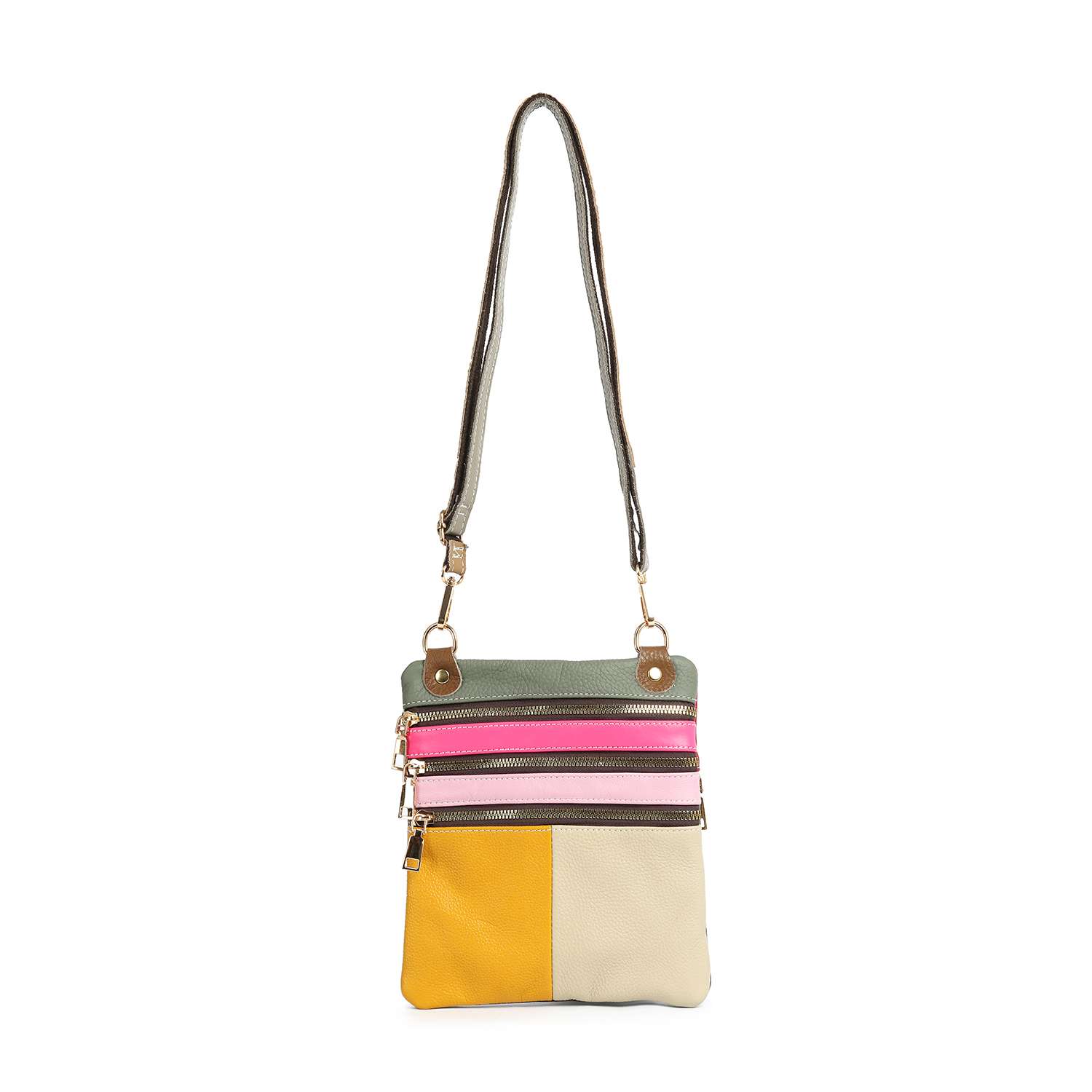 The Genuine Leather Color Block Crossbody features a long brown strap, green top, and three horizontal zippered pockets in green, pink, and brown—offering a chic yet practical sling bag style.