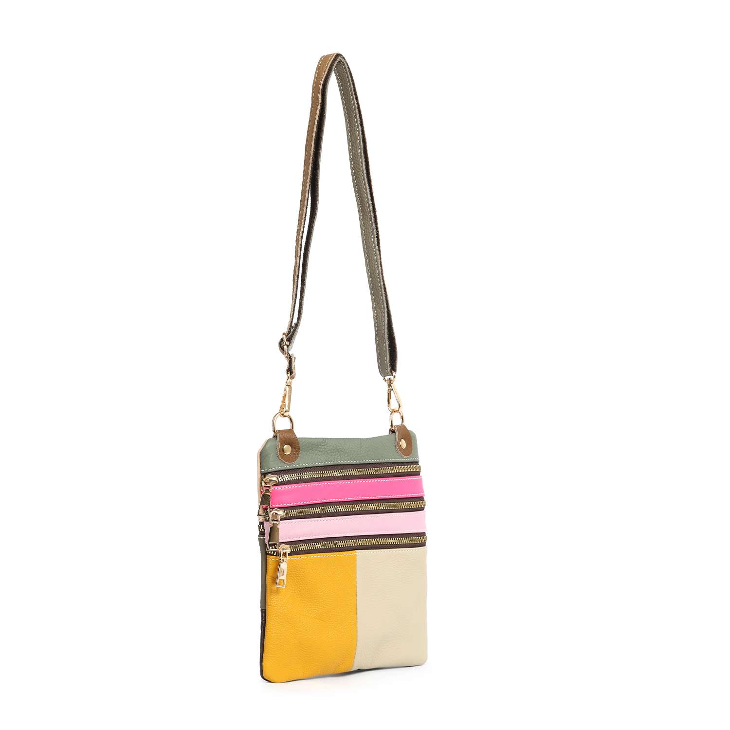 The Genuine Leather Color Block Crossbody is a small bag with an adjustable strap, vibrant green, pink, purple, yellow, and cream color blocks, and three front horizontal zippered compartments.