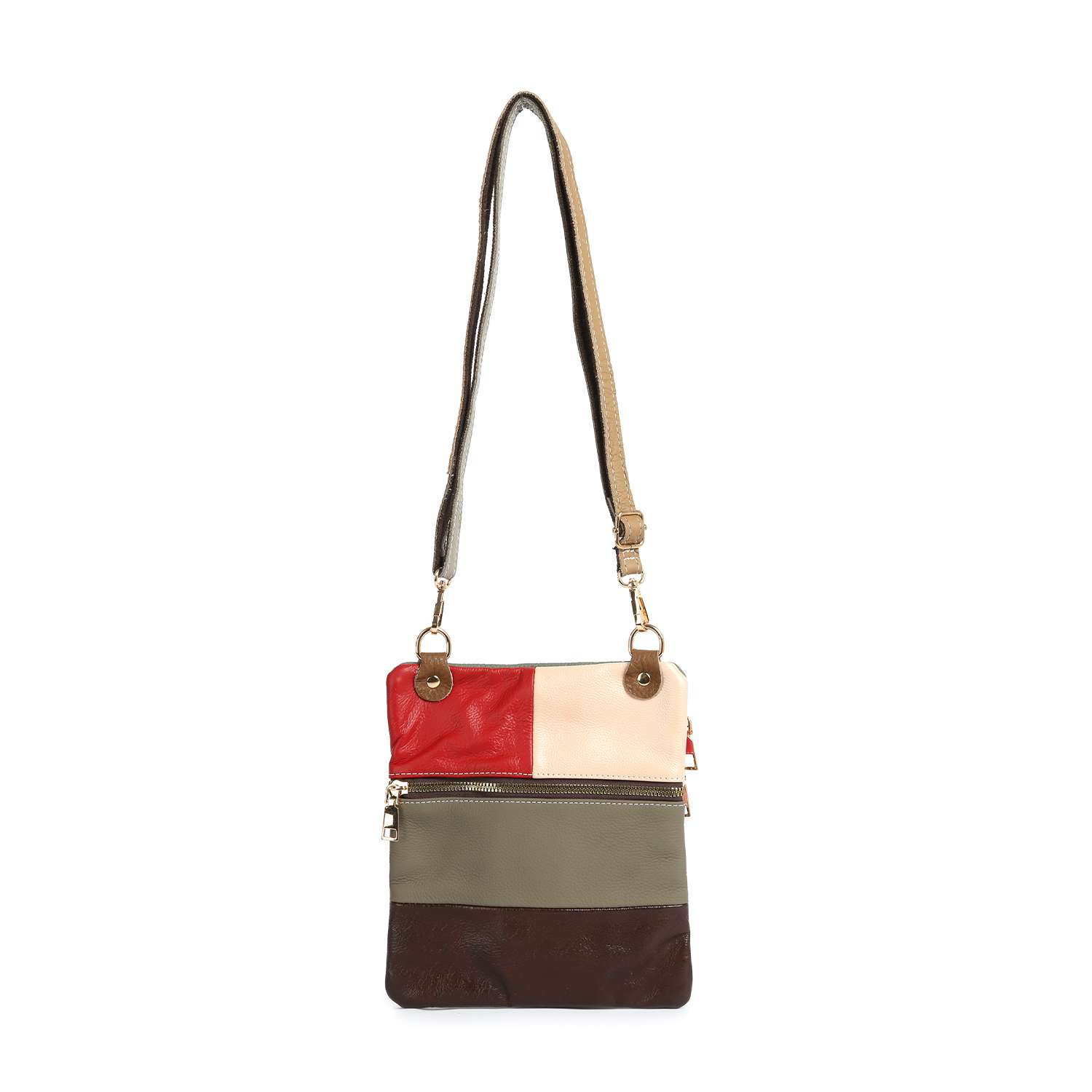 The Genuine Leather Color Block Crossbody features stylish patchwork in red, beige, olive green, and dark brown, two zippered front pockets, and an adjustable shoulder strap for versatile wear.