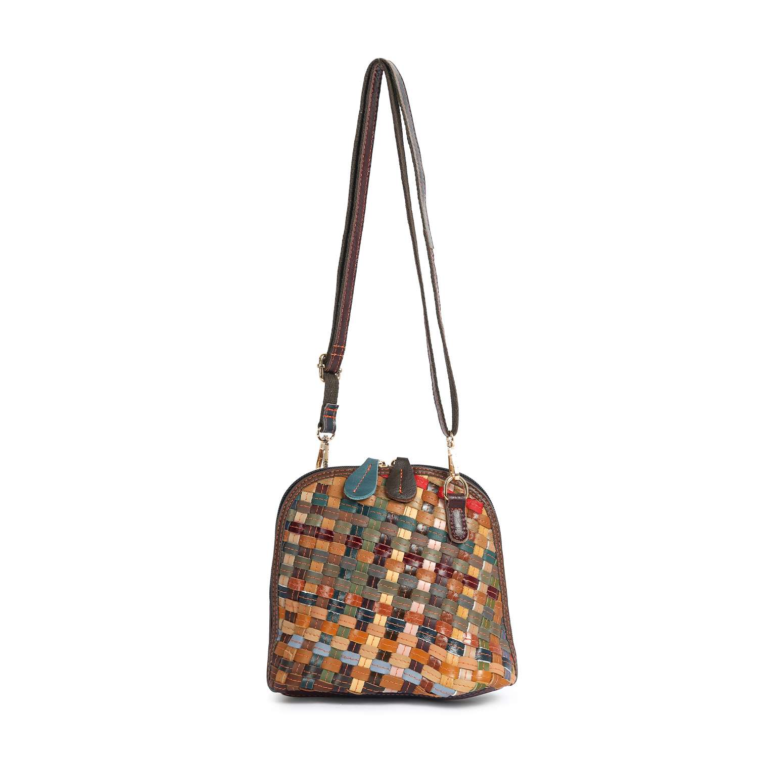 The Genuine Leather Woven Crossbody is a small, square bag with a long adjustable strap and a multicolored checkerboard pattern in earthy tones like brown, green, yellow, and blue.