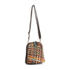 The Genuine Leather Woven Crossbody is a small, colorful bag with a long adjustable strap and patchwork pattern in shades of brown, orange, blue, and green—perfect for adding flair to any outfit.