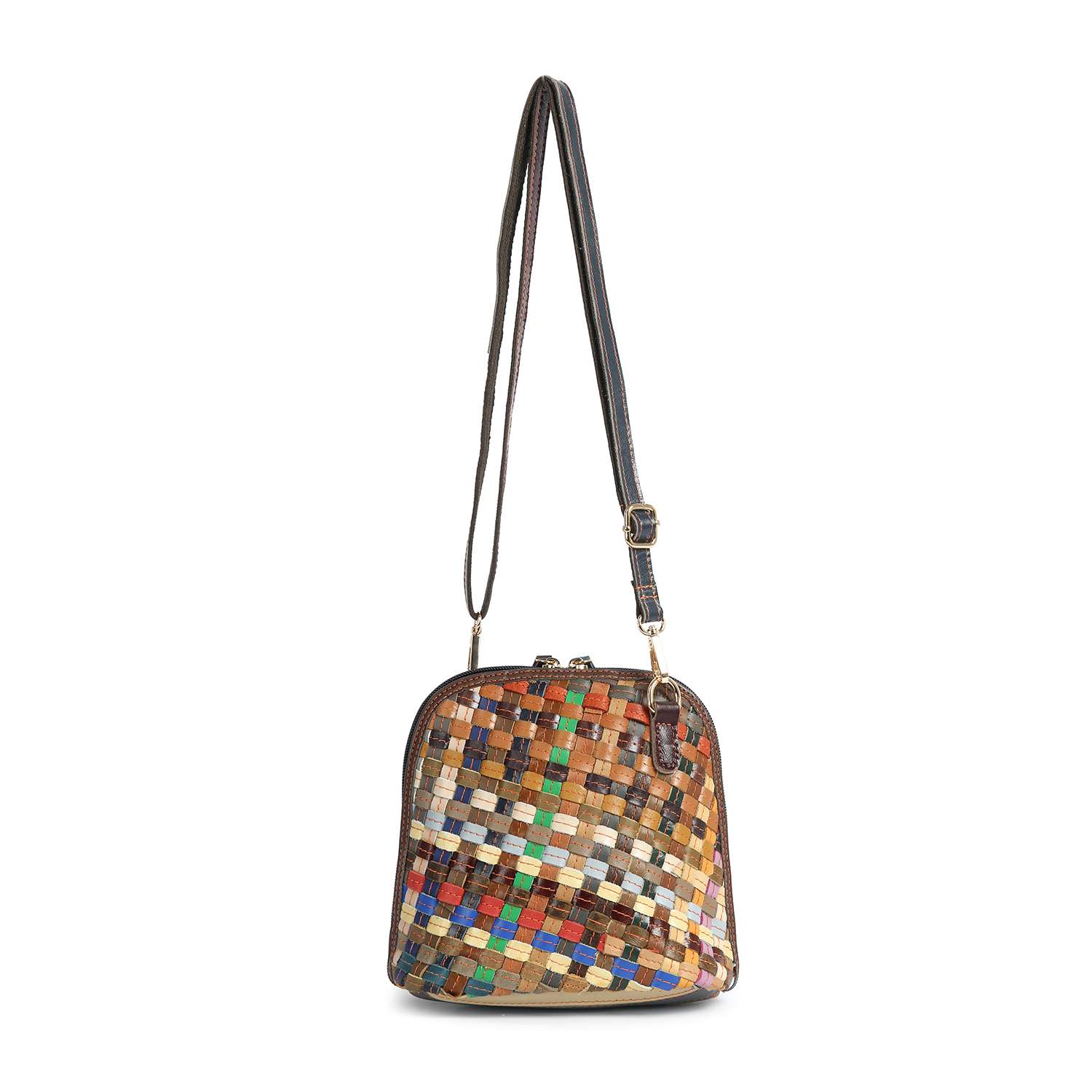 The Genuine Leather Woven Crossbody features a long adjustable strap and an eye-catching patchwork design crafted from colorful, square-shaped genuine leather pieces.