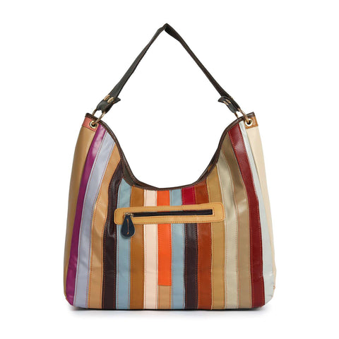 The Genuine Leather Raised Flower Shoulder Bag features a large, handcrafted design with colorful vertical leather stripes, a front zipper pocket, and a single wide strap.