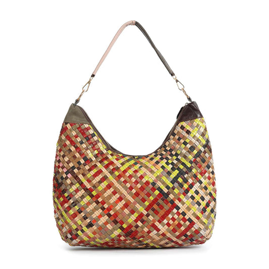 The Genuine Leather Woven Hobo Handbag features a handcrafted, multicolored diagonal plaid pattern in red, yellow, brown, and beige leather. With a short shoulder strap, it’s perfect as an everyday accessory.
