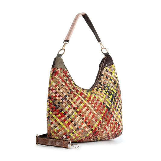 The Genuine Leather Woven Hobo Handbag features a colorful patchwork design in brown, yellow, red, and green, with a short handle and detachable long strap—ideal for daily use.
