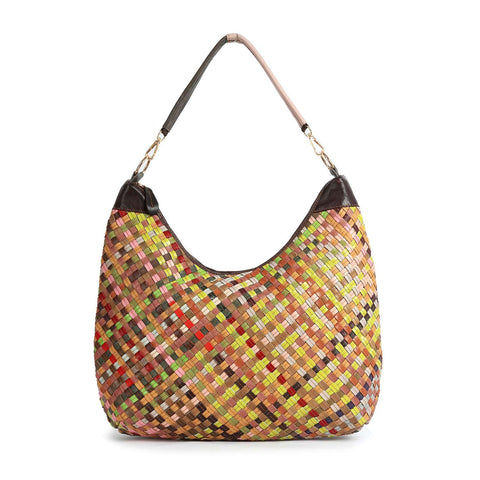 The Genuine Leather Woven Hobo Handbag features a large, handcrafted design with a single black handle, colorful yellow, red, green, pink, and brown woven patterns, rounded edges, and dark leather accents on the top corners.
