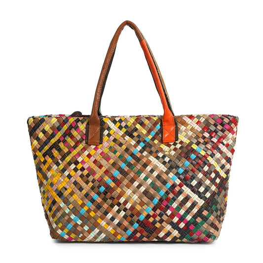 The Genuine Leather Woven Large Tote Handbag features double handles and a vibrant, crisscross pattern of authentic leather strips in yellow, blue, pink, brown, and white.